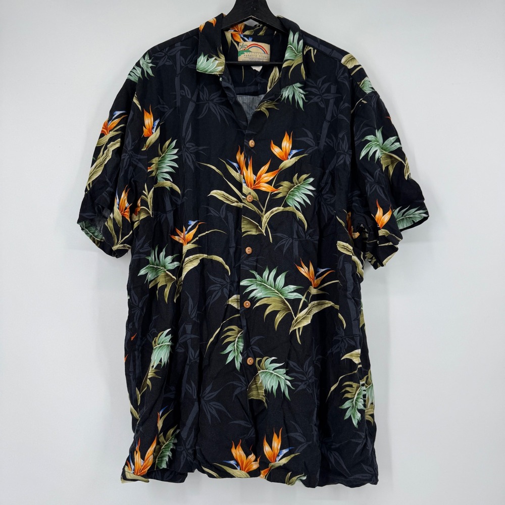 Paradise Found Hawaiian Shirt Mens 2XL Black Bird of Paradise Floral Rayon Aloha